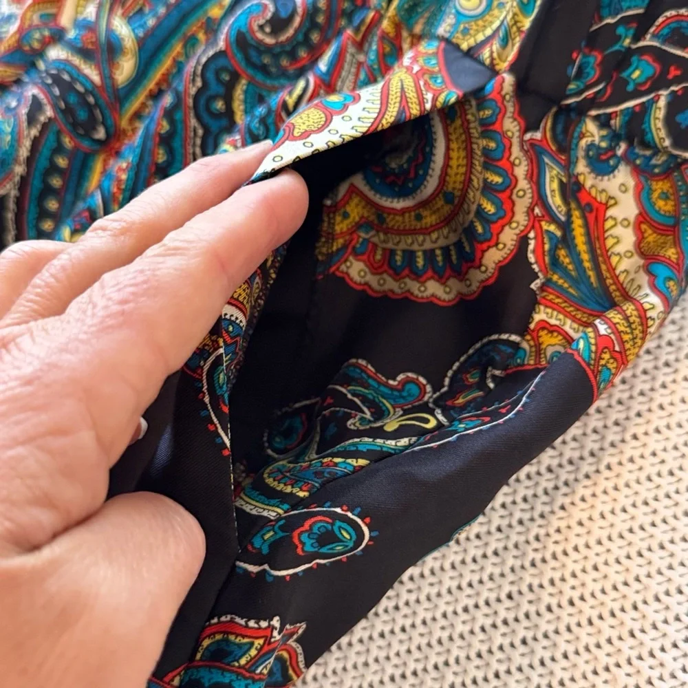 J. CREW 100% Silk Pull-On Pants Black Gold Blue Red Paisley w Pockets
